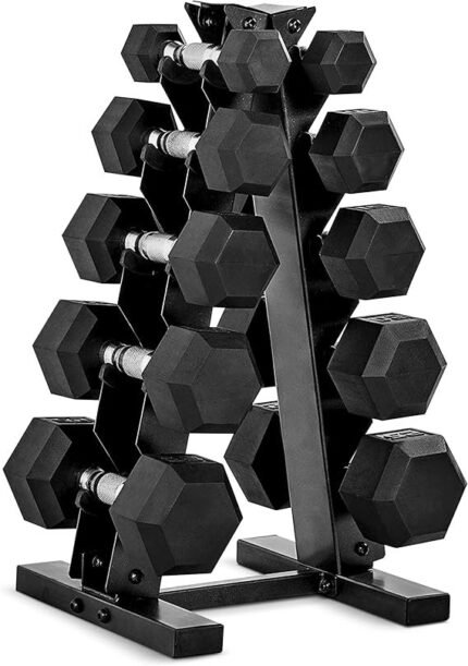 CAP Barbell Rubber Coated Dumbbell Weight Set with Vertical Rack | 100 lb, 150 lb, and 210 lb Options