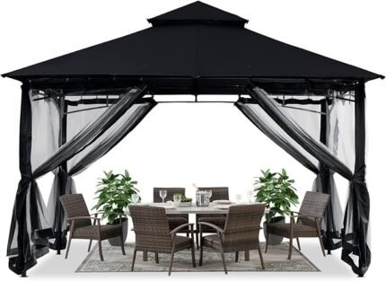 ABCCANOPY Gazebos for Patios 10×12 – Outdoor Steel Frame Gazebo with Mosquito Netting for Lawn Backyard Garden Deck (Black)