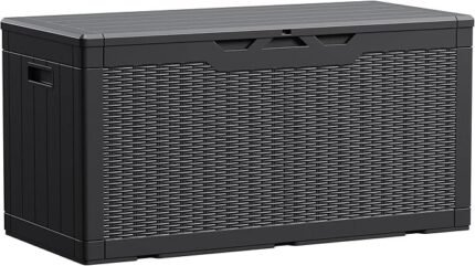 Devoko 100 Gallon Waterproof Large Resin Deck Box Indoor Outdoor Lockable Storage Container for Patio Furniture Cushions Garden Tools (100 Gallon, Black)