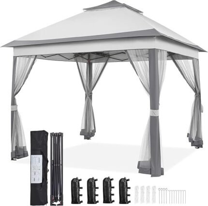 Yaheetech 11×11 Pop Up Gazebo Outdoor Canopy Shelter, Instant Patio Gazebo Sun Shade Canopy Tent with 4 Sandbags, 2 Tiers Roof & Mesh Netting for Lawn, Garden, Backyard & Deck, Gray